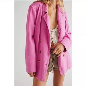 Free People Olivia Blazer‎ Pink Linen Blend Size Large